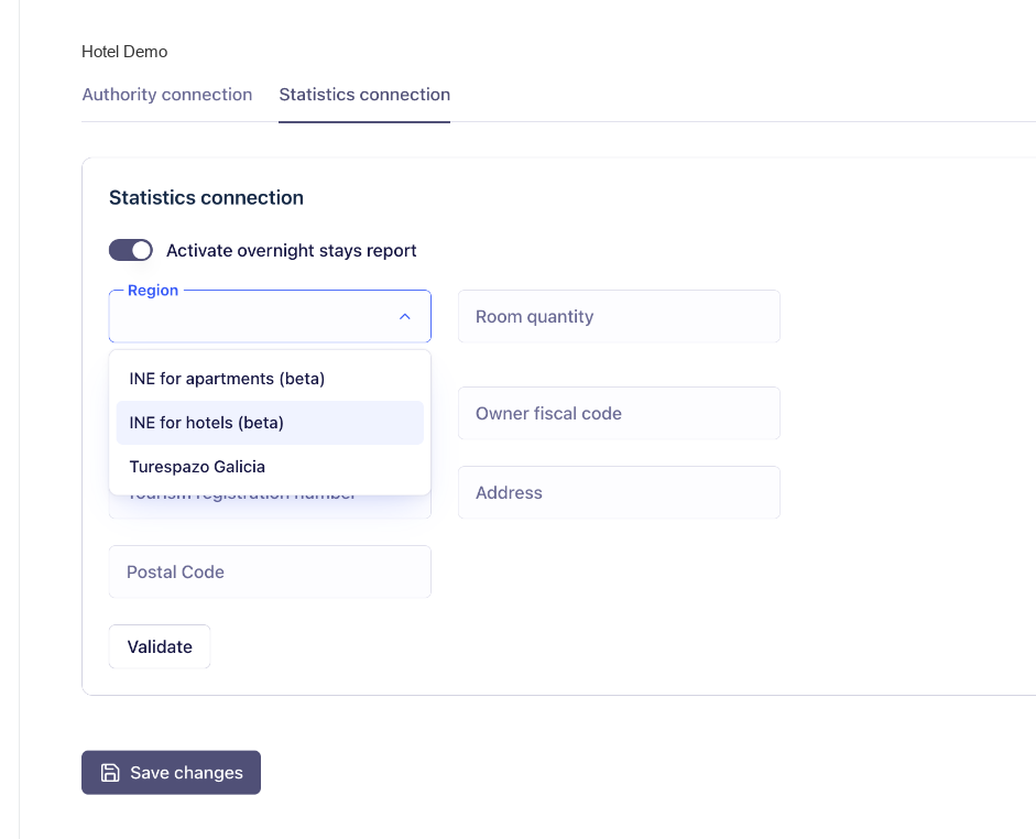 Guest Engagement: Statistics connection, selector de región (INE apartamentos, INE hoteles, Turespazo Galicia)